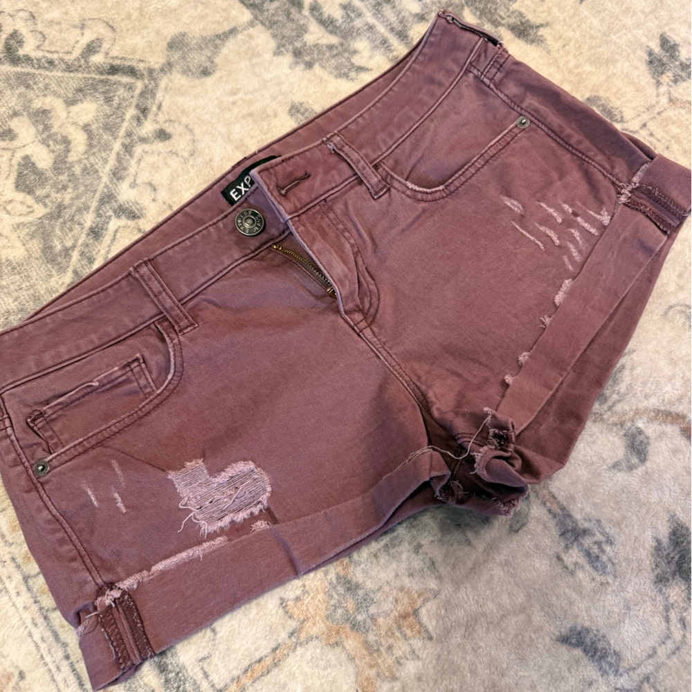 Express Distressed Denim Shorts Size 8 Burgundy Mauve Cuffed